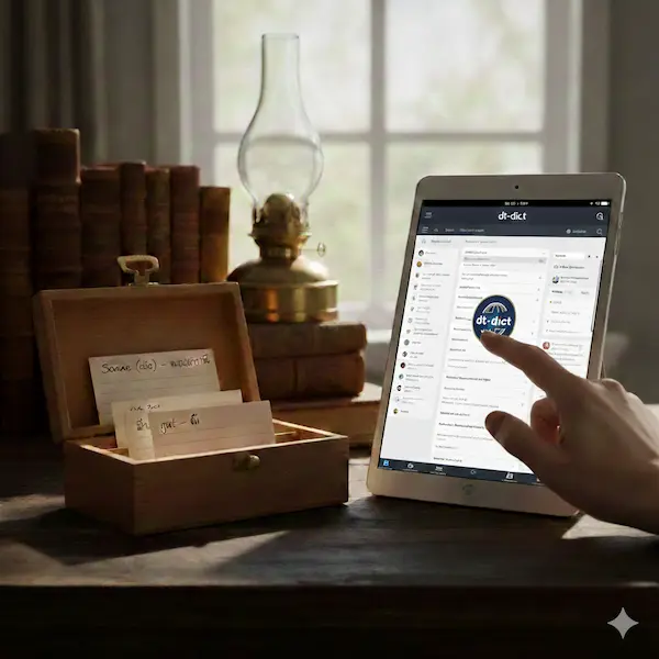 Ein hölzerner Karteikasten mit handgeschriebenen Deutsch-Thai Vokabelkarten neben einem modernen Tablet, das die dt-dict Webseite zeigt.