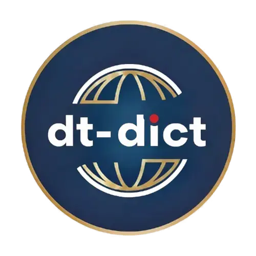 Rundes Logo des dt-dict Online-Wörterbuchs in Blau und Gold mit einer stilisierten Weltkugel.