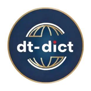 Rundes Logo des dt-dict Online-Wörterbuchs in Blau und Gold mit einer stilisierten Weltkugel.